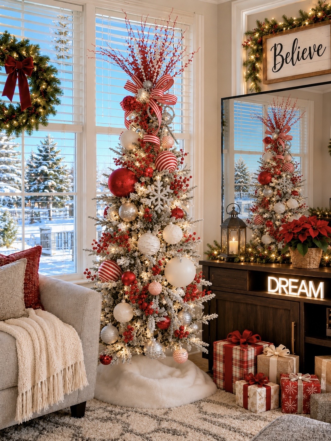 Red, white, and silver Christmas tree in a bright living room