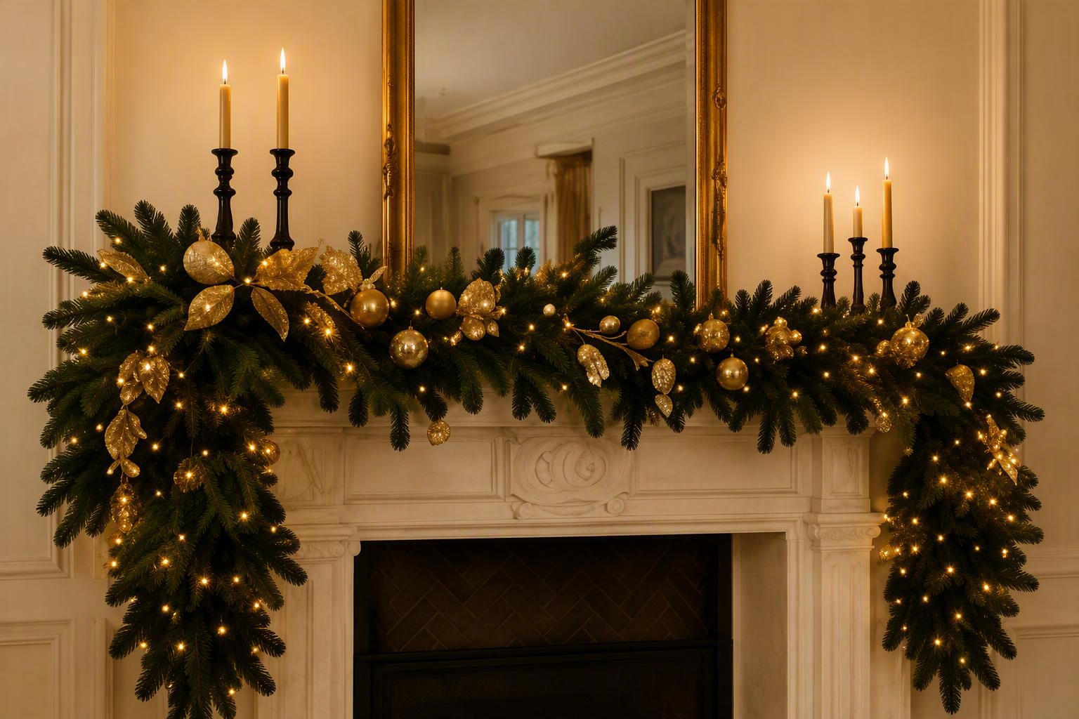Green and gold illuminated holiday mantel