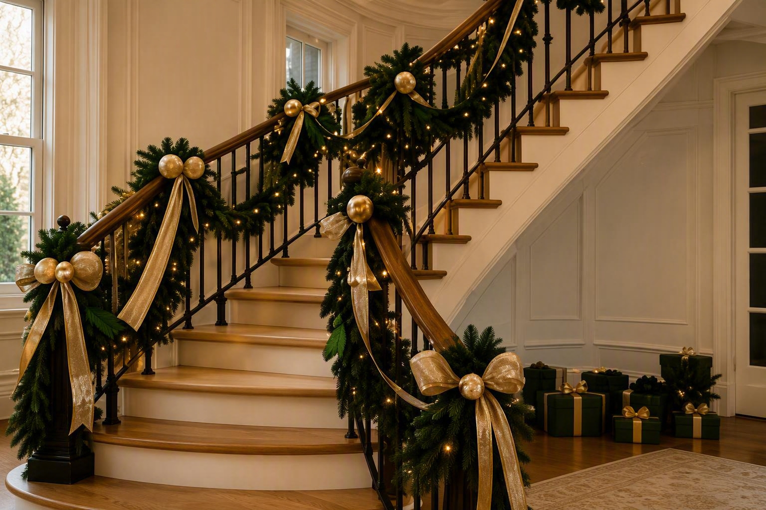 Green and gold holiday garland on a staircase