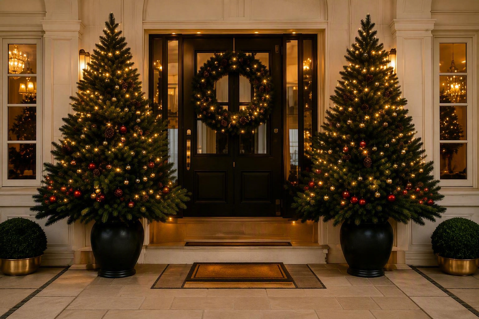 Elegant holiday entrance framed by illuminated Christmas trees and a wreath