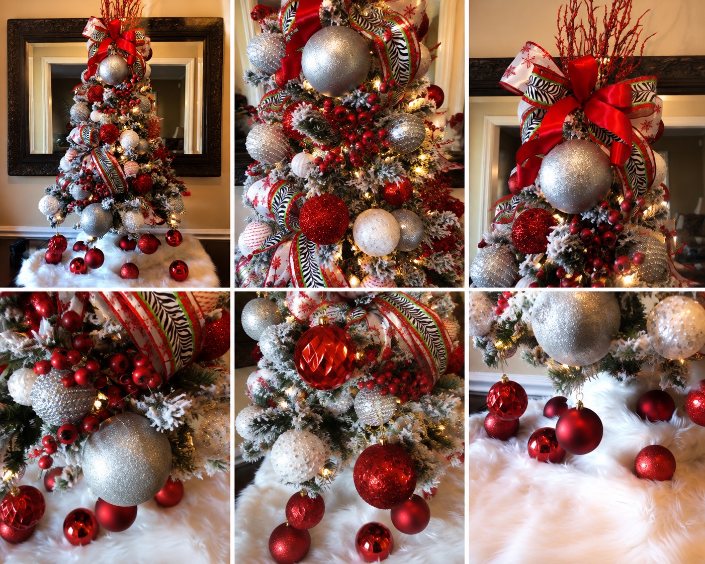 Red and silver decorated Christmas tree details
