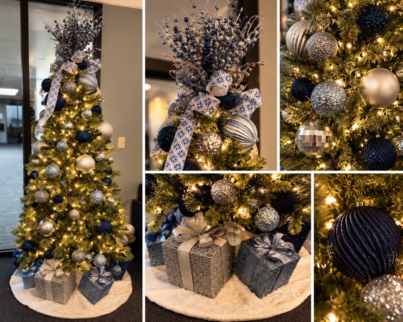 Blue and silver decorated commercial Christmas tree