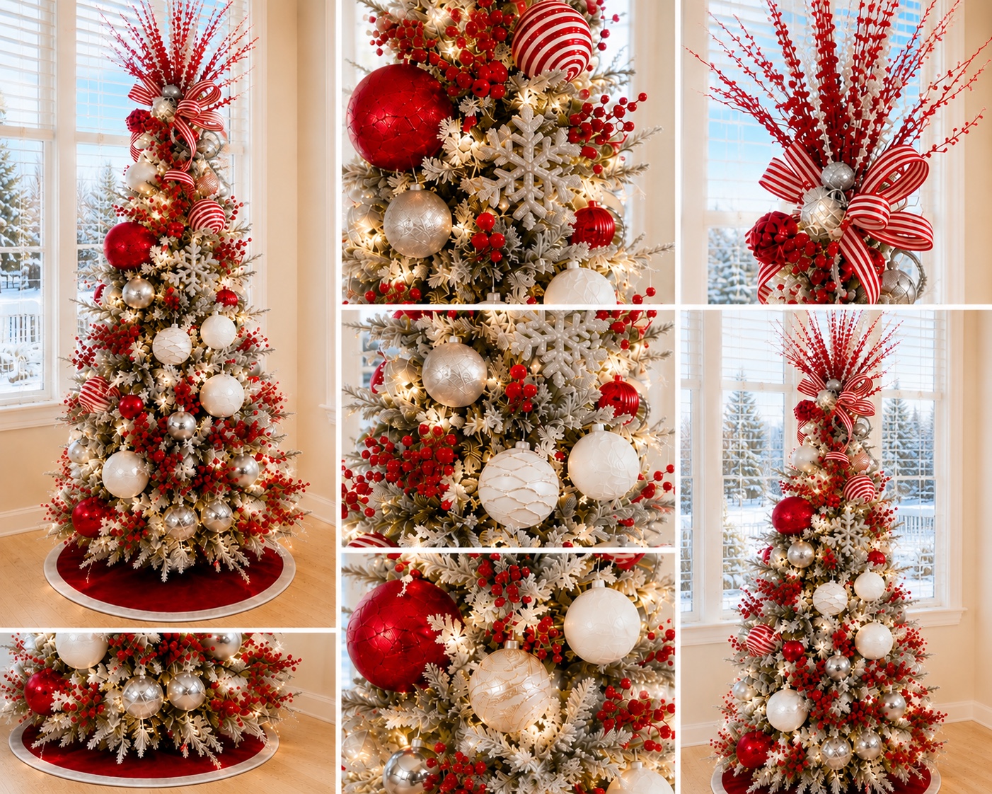 Red, white, and silver Christmas tree collage
